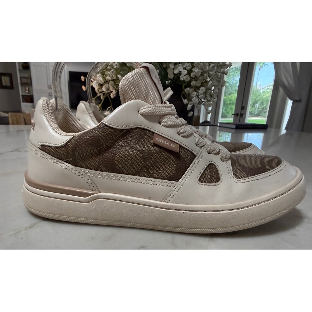 Coach Womens Signature Monogram Canvas Leather Low Top Sneakers Brown White
